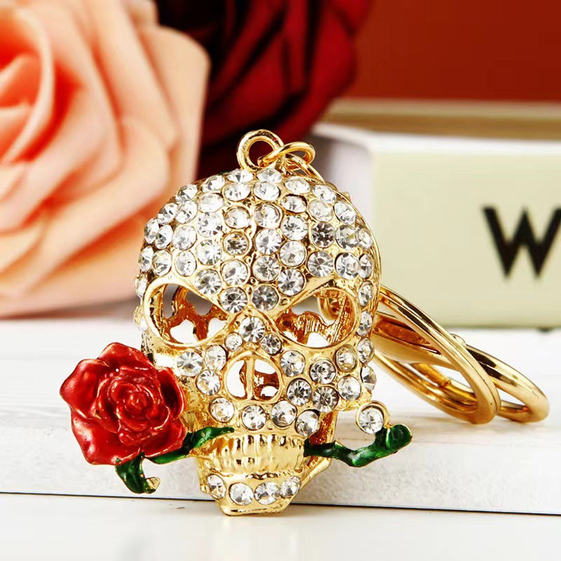 Wholesale Alloy Diamond Rose Skull Keychain